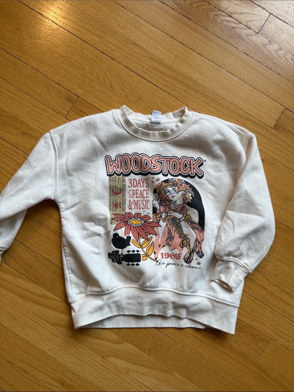Old Navy Cream Woodstock Graphic Crewneck Sweatshirt with Pink & Black Accents